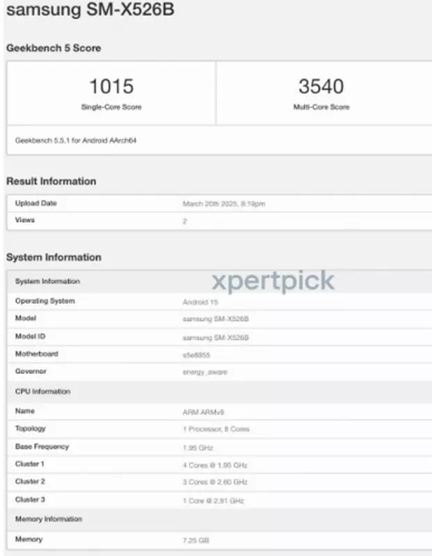 Galaxy Tab S10 FE (SM-X526B) op Geekbench. Afbeelding: xpertpick