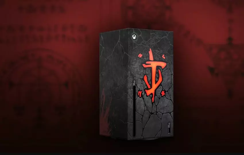Een paneel voor Xbox Series X in de stijl van DOOM: The Dark Ages