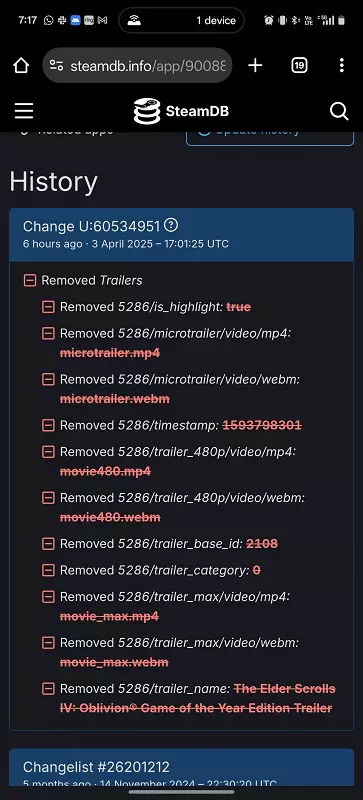 Screenshot van de SteamDB-pagina van het spel