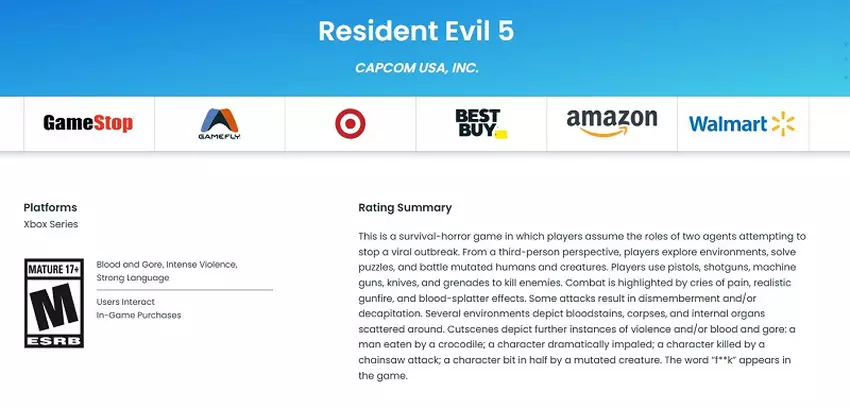 Leeftijdsclassificatie Resident Evil 5 voor de Xbox-serie. Bron: ESRB