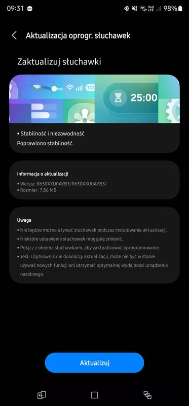 Screenshot van de update voor Samsung Galaxy Buds 3 Pro