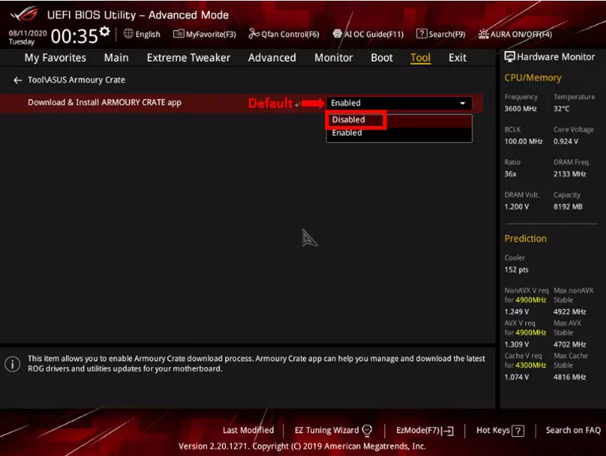 Scherm voor het uitschakelen van het hulpprogramma Armoury Crate in het BIOS