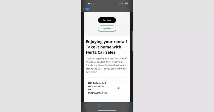 Screenshot van een e-mail van Hertz met het aanbod om de Tesla Model 3 terug te kopen