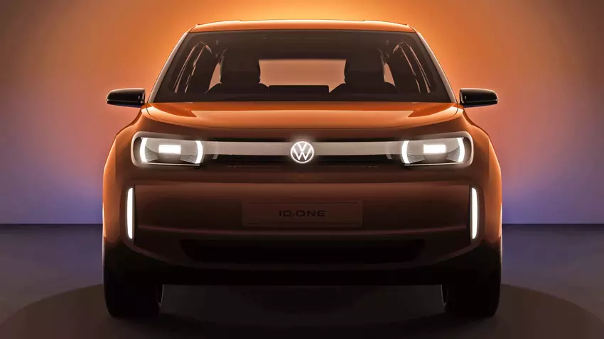 Eerste teaser van de nieuwe elektrische auto van Volkswagen met 'ID.One' op de plaats van de nummerplaat.