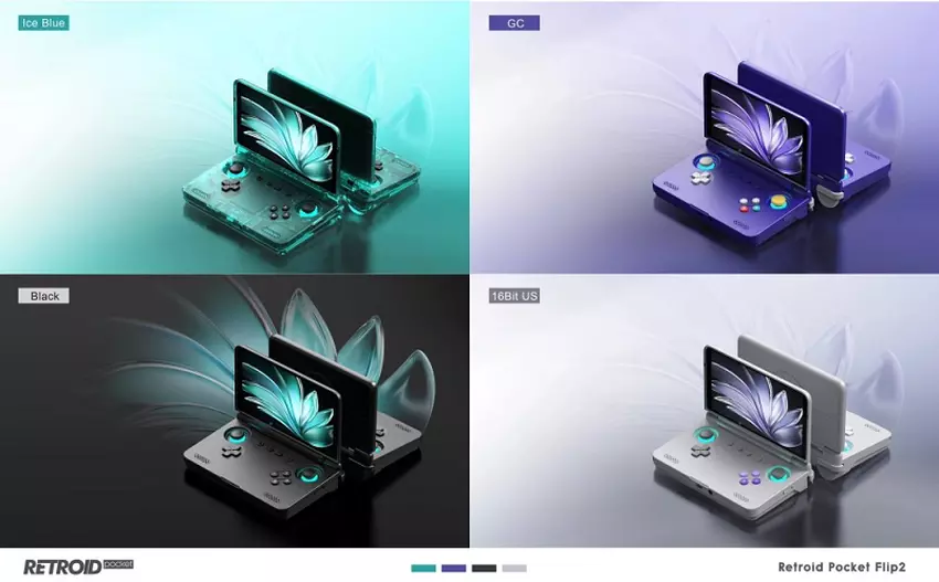 Afbeelding van verschillende kleuren van de Retroid Pocket Flip 2 handheld console