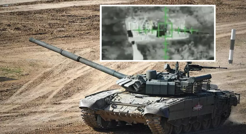 Oekraïense drone-bommenwerper gooide granaten naar Russische gemoderniseerde T-80BVM-tank