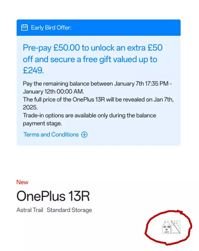 De website van OnePlus UK bevestigt dat de OnePlus 13R niet met een oplader wordt geleverd