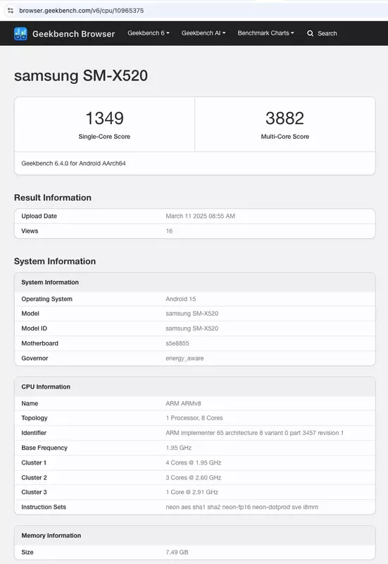 Galaxy Tab S10 FE-prestatieresultaten in Geekbench-benchmarktest