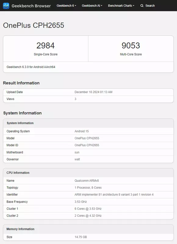OnePlus 13 prestatietestresultaten op GeekBench platform