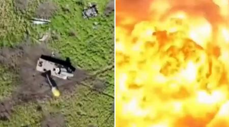Een Oekraïense quadrocopter heeft op spectaculaire wijze een Russische UR-77 "Meteorite" zelfrijdende ontmijningsraketwerper met 700 kg explosieven aan stukken gereten met één enkele granaat.