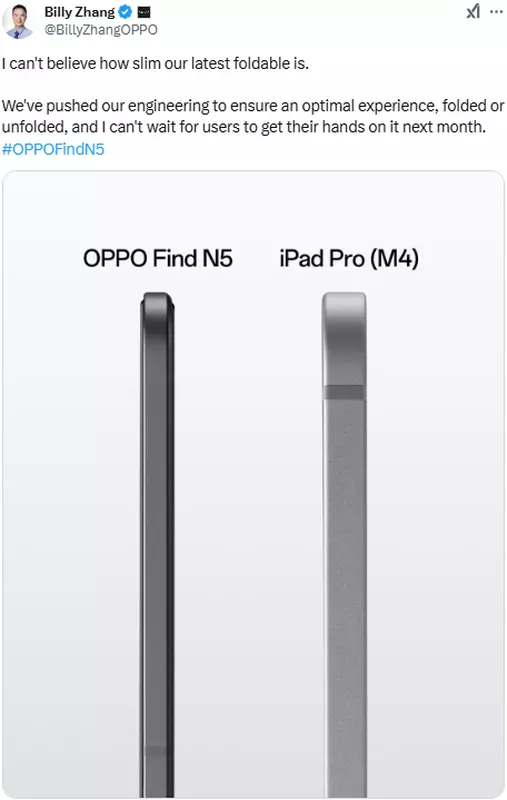 Oppo Find N5 is dunner dan iPad Pro M4