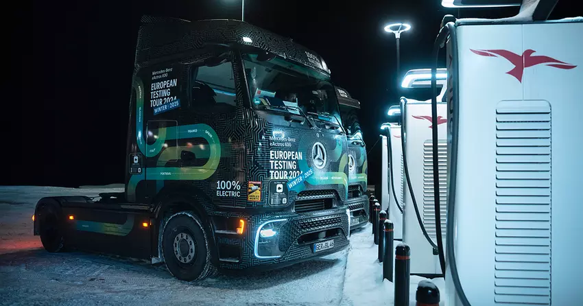 Europese tour van de eActros 600 op winterse wegen. Foto: Daimler Truck