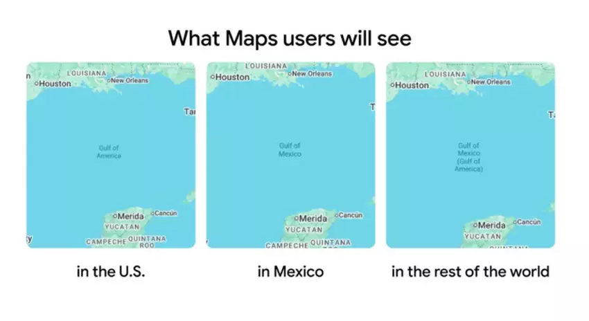 Veranderingen in de naam van de Golf van Mexico op Google Maps