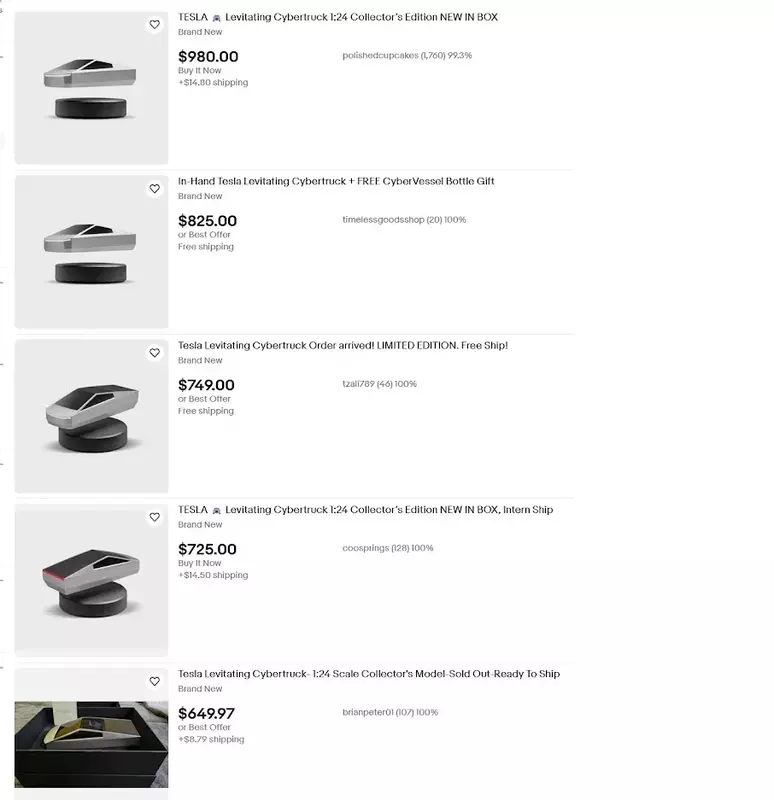 Een screenshot van de advertenties voor de miniatuur Tesla Cybertruck te koop