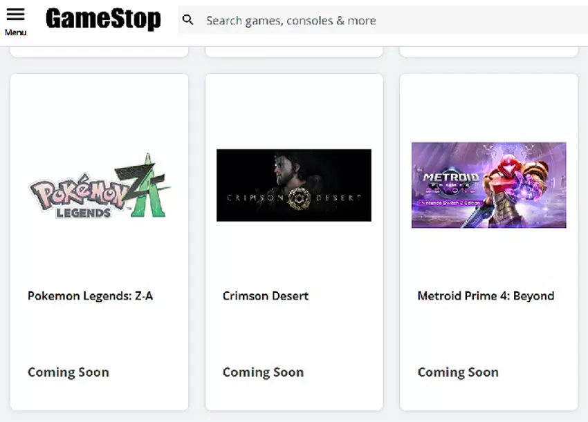 Screenshot van de GameStop-website