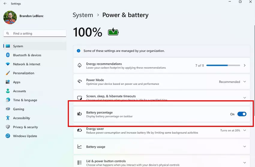 Schakelaar om de weergave van het batterijpercentage in de instellingen in te schakelen