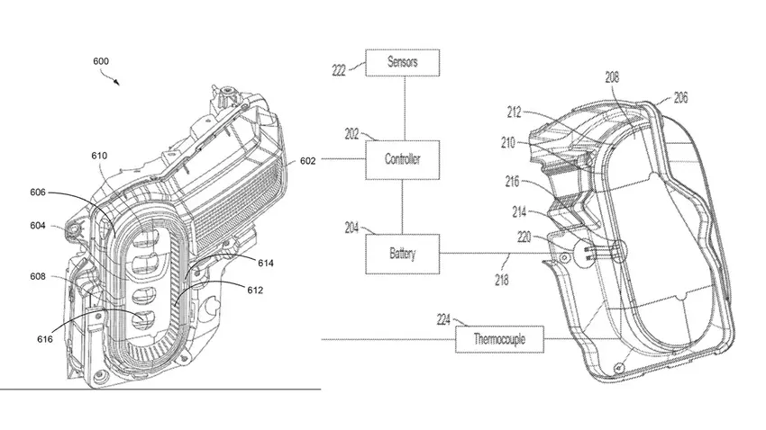 Schematische voorstelling van Rivian koplamp met verwarmde LED-lens.