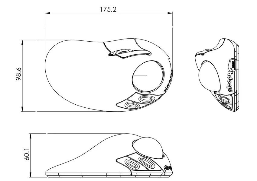 Afmetingen van de Classic 2 trackball. Illustratie: Ploopy