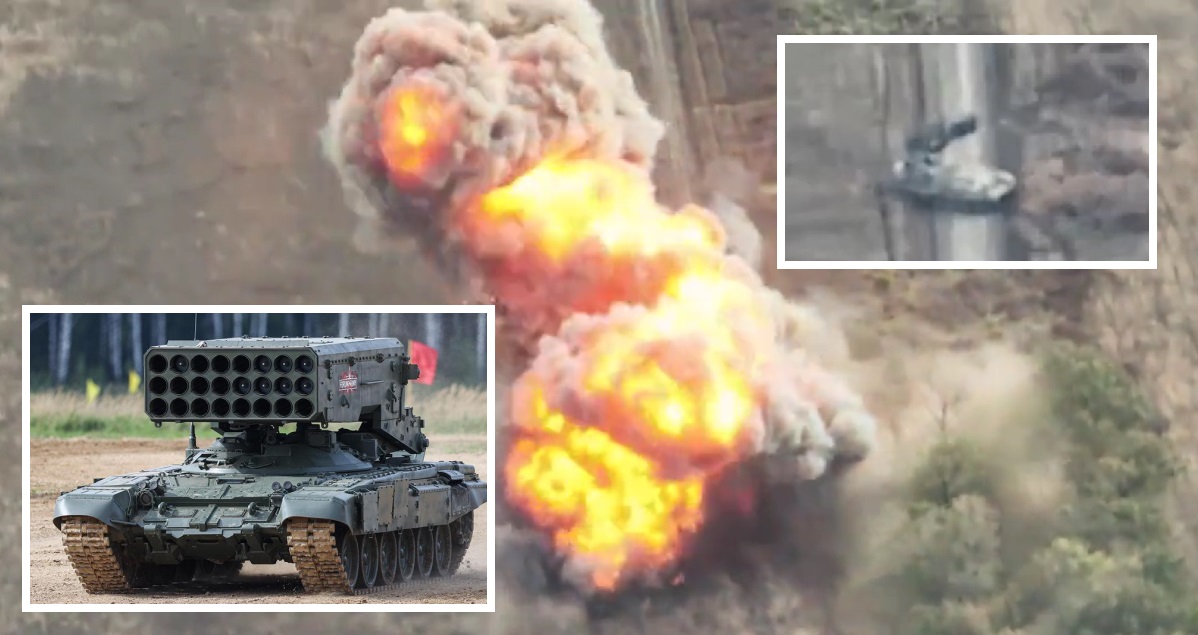 Een FPV drone verscheurde een Russisch TOS-1A zwaar vlammenwerper systeem met thermobarische raketten. Een FPV drone verscheurde een Russisch TOS-1A zwaar vlammenwerper systeem met thermobarische raketten.