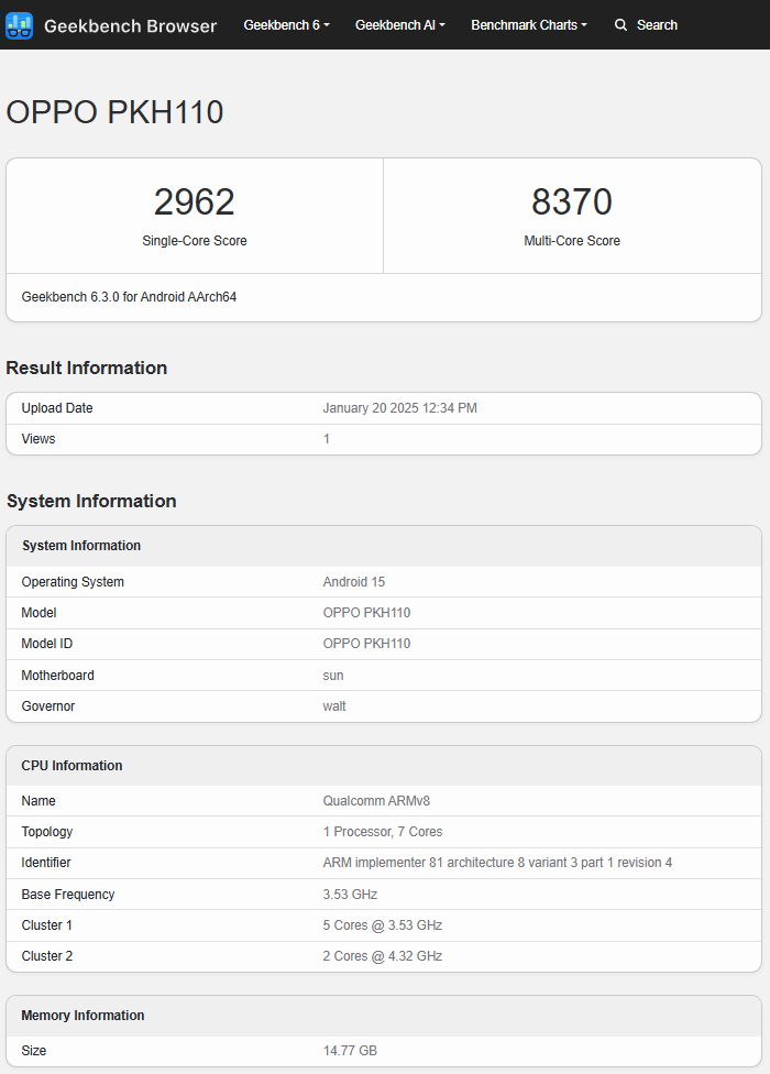 Oppo Find N5 testresultaten Oppo Find N5 (model PKH100) testresultaten. Illustratie: Geekbench
