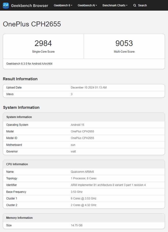 OnePlus 13 wereldwijde prestatietestresultaten OnePlus 13 prestatietestresultaten op GeekBench platform