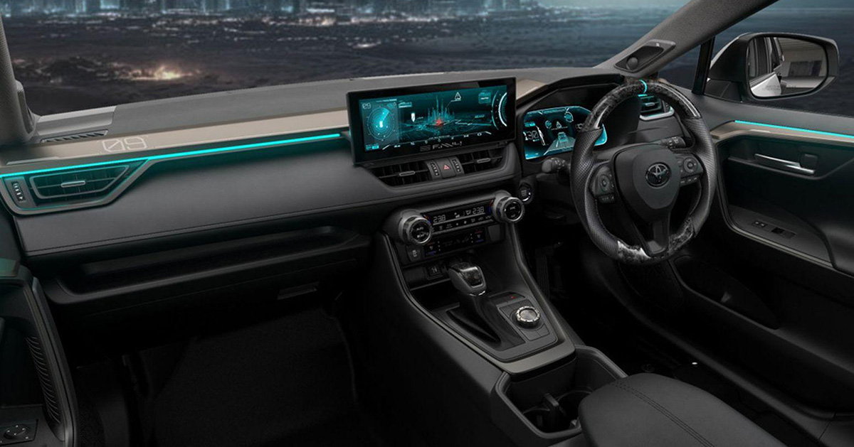 Interieur van Toyota RAV4 Dark Side Perfomance Teaserafbeelding van het interieur van de Toyota RAV4 Dark Side Perfomance
