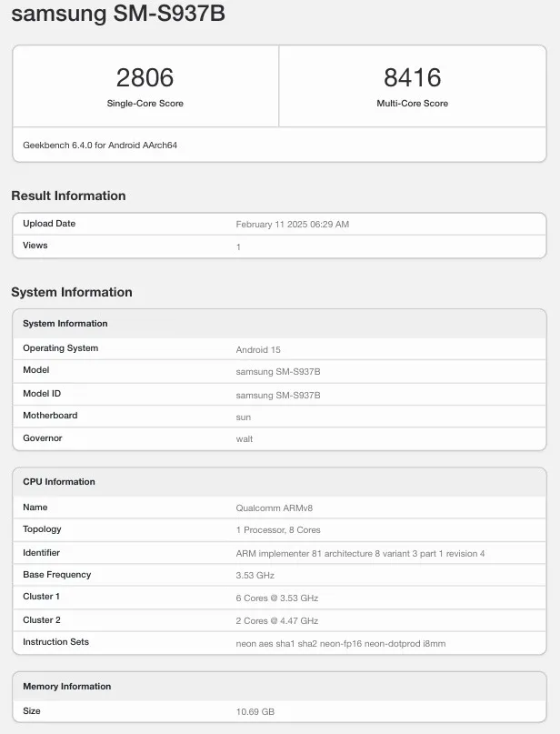 S25 Edge galerij op Geekbench Test de wereldwijde versie van de Galaxy S25 Edge op Geekbench