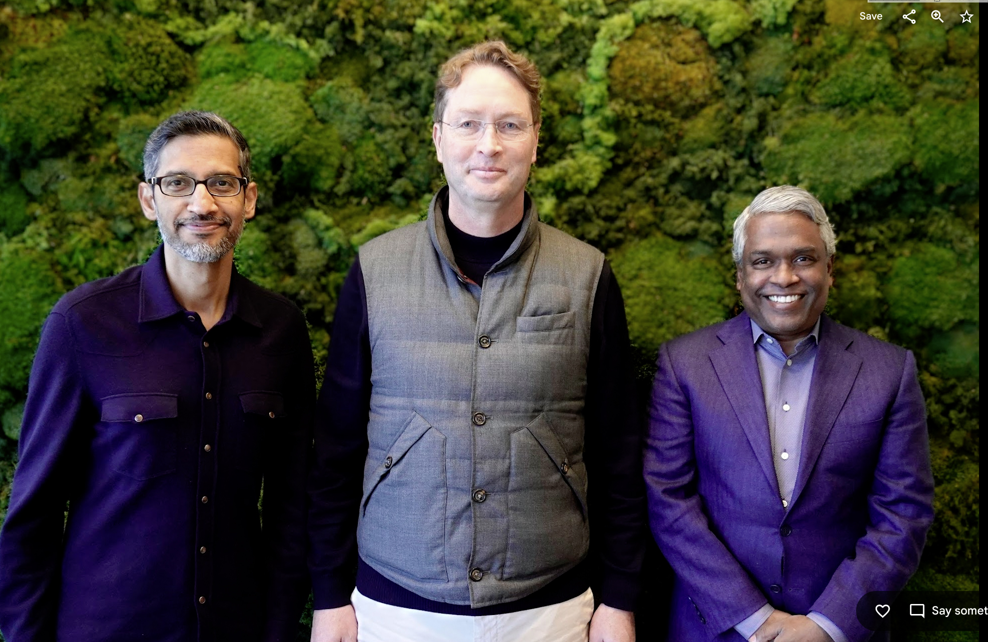 Sundar Pichai, Ola Kallenius en Thomas Kurian CEO's van Google en Mercedes-Benz op een persconferentie