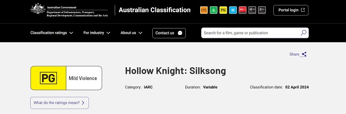 Hollow Knight: Silksong heeft een leeftijdsclassificatie gekregen in Australië - de release van de langverwachte game zou wel eens heel snel kunnen zijn-2 Hollow Knight: Silksong heeft een leeftijdsclassificatie gekregen in Australië - de release van de langverwachte game zou wel eens heel snel kunnen zijn-2