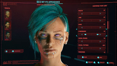 Een heel scherm voor het aanpassen van personages in Cyberpunk 2077