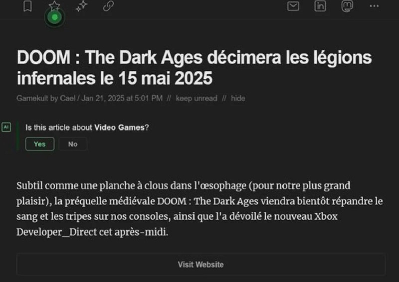 Screenshot van het artikel op de website van Gamekult