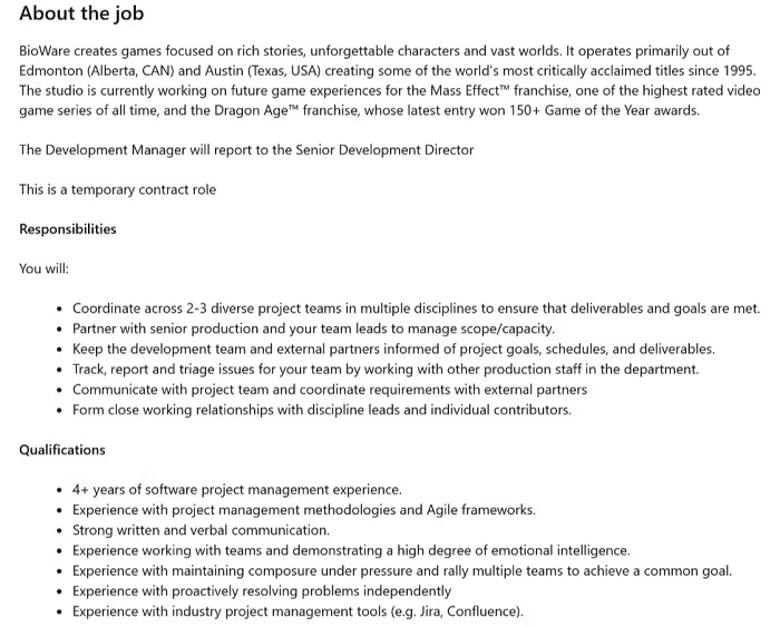 Een vacature bij BioWare wijst erop dat de studio werkt aan een ander project naast Dragon Age: Dreadwolf en een nieuw Mass Effect deel.-2 Een vacature bij BioWare wijst erop dat de studio werkt aan een ander project naast Dragon Age: Dreadwolf en een nieuw Mass Effect deel.-2