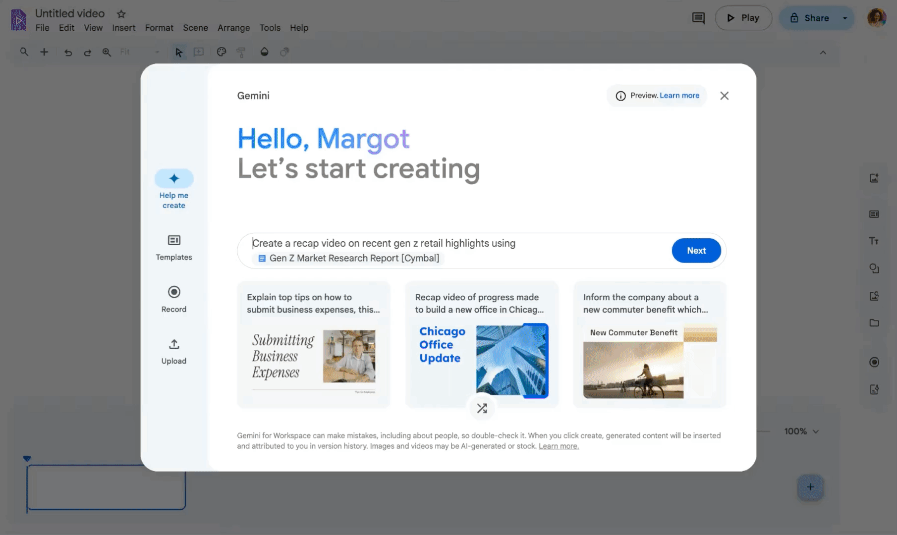 De nieuwe optie Google Vids. Illustratie: Google