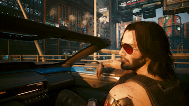 Johnny Silverhand in een auto in Cyberpunk 2077.