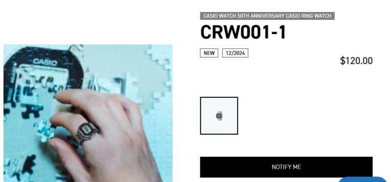 CRW001-1. Illustratie: Casio CRW001-1 ring horloge op de achtergrond van informatie over herbevolking in de VS