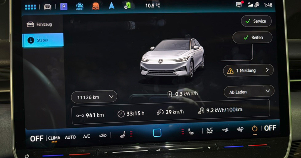 Kilometerstand VW ID.7 Pro S op één lading De VW ID.7 Pro S heeft 941 kilometer afgelegd op één acculading.