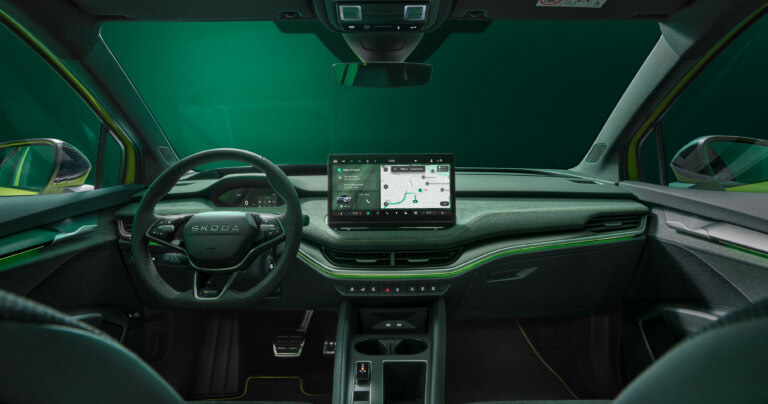 Voorkant interieur van de Skoda Elroq RS Voorkant interieur van de Skoda Elroq RS