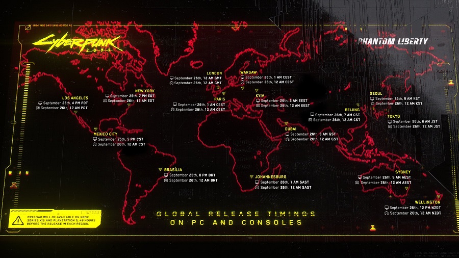 Nu zul je het zeker niet missen! CD Projekt RED heeft een visuele kaart gepubliceerd met de releasetijd van de Phantom Liberty-uitbreiding voor Cyberpunk 2077 in de belangrijkste tijdzones.-2 Nu zul je het zeker niet missen! CD Projekt RED heeft een visuele kaart gepubliceerd met de releasetijd van de Phantom Liberty-uitbreiding voor Cyberpunk 2077 in de belangrijkste tijdzones.-2