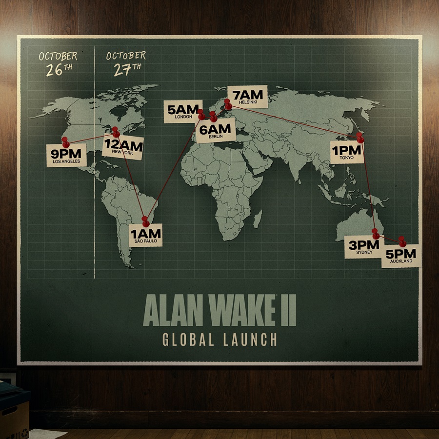 Onmogelijk te missen: Remedy heeft een visuele releasekaart voor Alan Wake 2 gepubliceerd met de releasetijd van de game in de belangrijkste tijdzones.-2 Onmogelijk te missen: Remedy heeft een visuele releasekaart voor Alan Wake 2 gepubliceerd met de releasetijd van de game in de belangrijkste tijdzones.-2