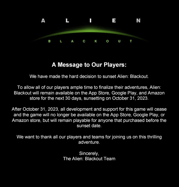 De mobiele game Alien: Blackout wordt op 31 oktober verwijderd uit de App Store, Google Play en Amazon Store.-2 De mobiele game Alien: Blackout wordt op 31 oktober verwijderd uit de App Store, Google Play en Amazon Store.-2