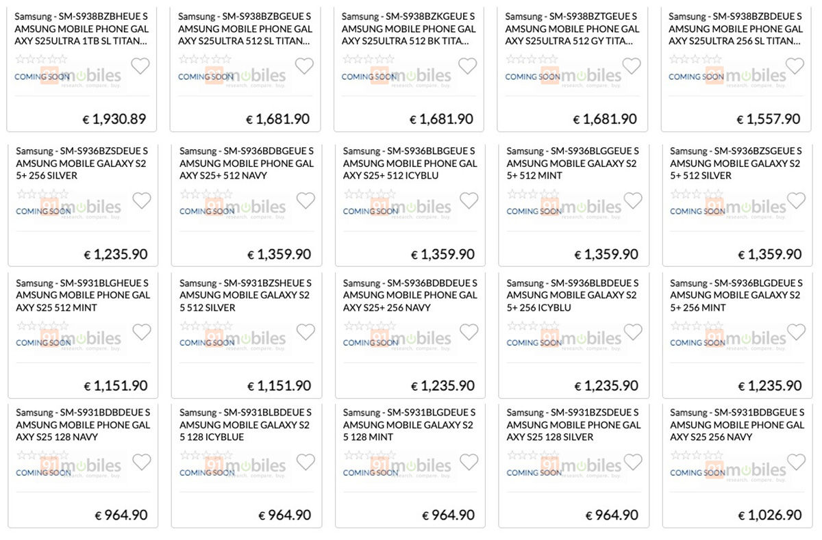 Prijsvergelijking voor Samsung Galaxy S25 van verschillende modificaties Prijsvergelijking voor Samsung Galaxy S25 van verschillende modificaties