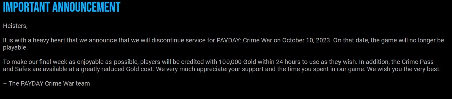 Overvallen stoppen: over een paar dagen houdt de mobiele game Payday: Crime War ophouden te bestaan. De ontwikkelaars kondigden de onverwachte beslissing aan-2 Overvallen stoppen: over een paar dagen houdt de mobiele game Payday: Crime War ophouden te bestaan. De ontwikkelaars kondigden de onverwachte beslissing aan-2