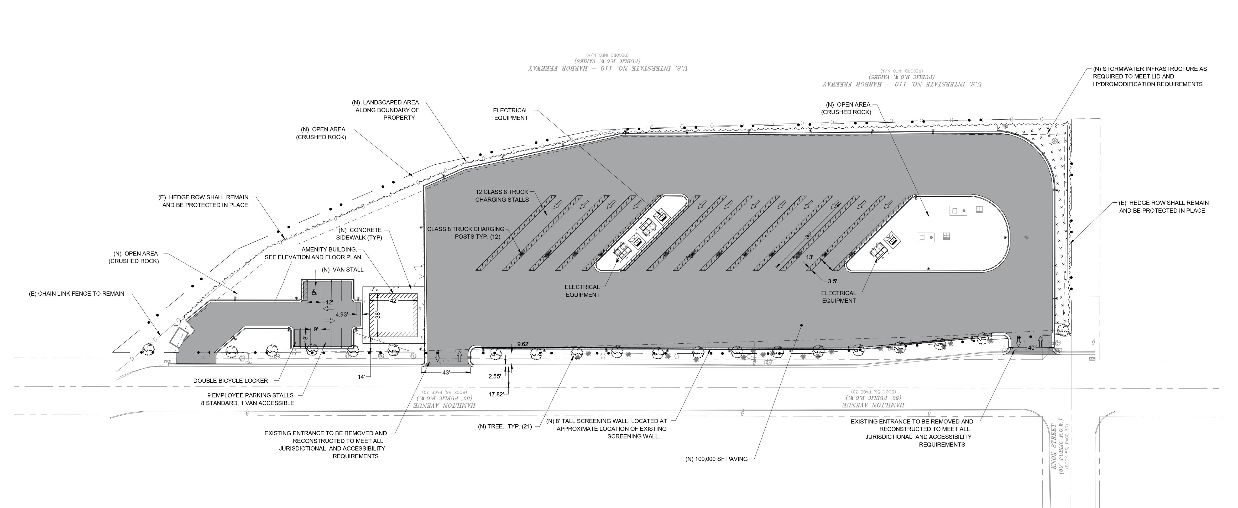 Plattegrond van het openbare Tesla Megacharger-station Plattegrond van het openbare Tesla Megacharger-station