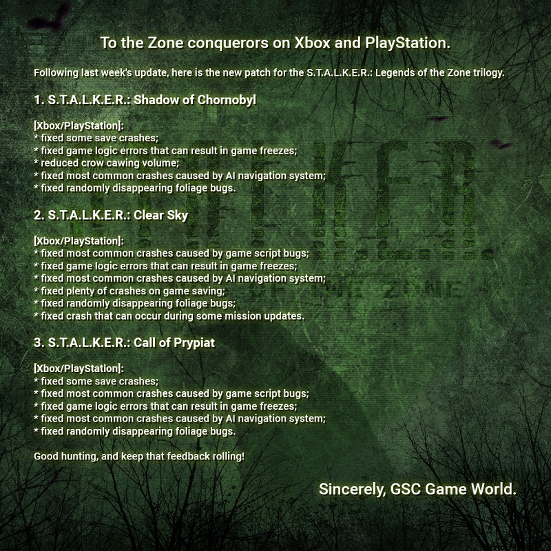 De kraaien van Chornobyl zullen zachter kraaien: er is een update uitgebracht voor de S.T.A.L.K.E.R.-trilogie. Legenden van de Zone-2 De kraaien van Chornobyl zullen zachter kraaien: er is een update uitgebracht voor de S.T.A.L.K.E.R.-trilogie. Legenden van de Zone-2