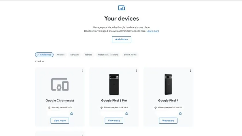Google Store. Illustratie: Android Autoriteit Illustratie van de pagina 'Uw apparaten' in de Google Store