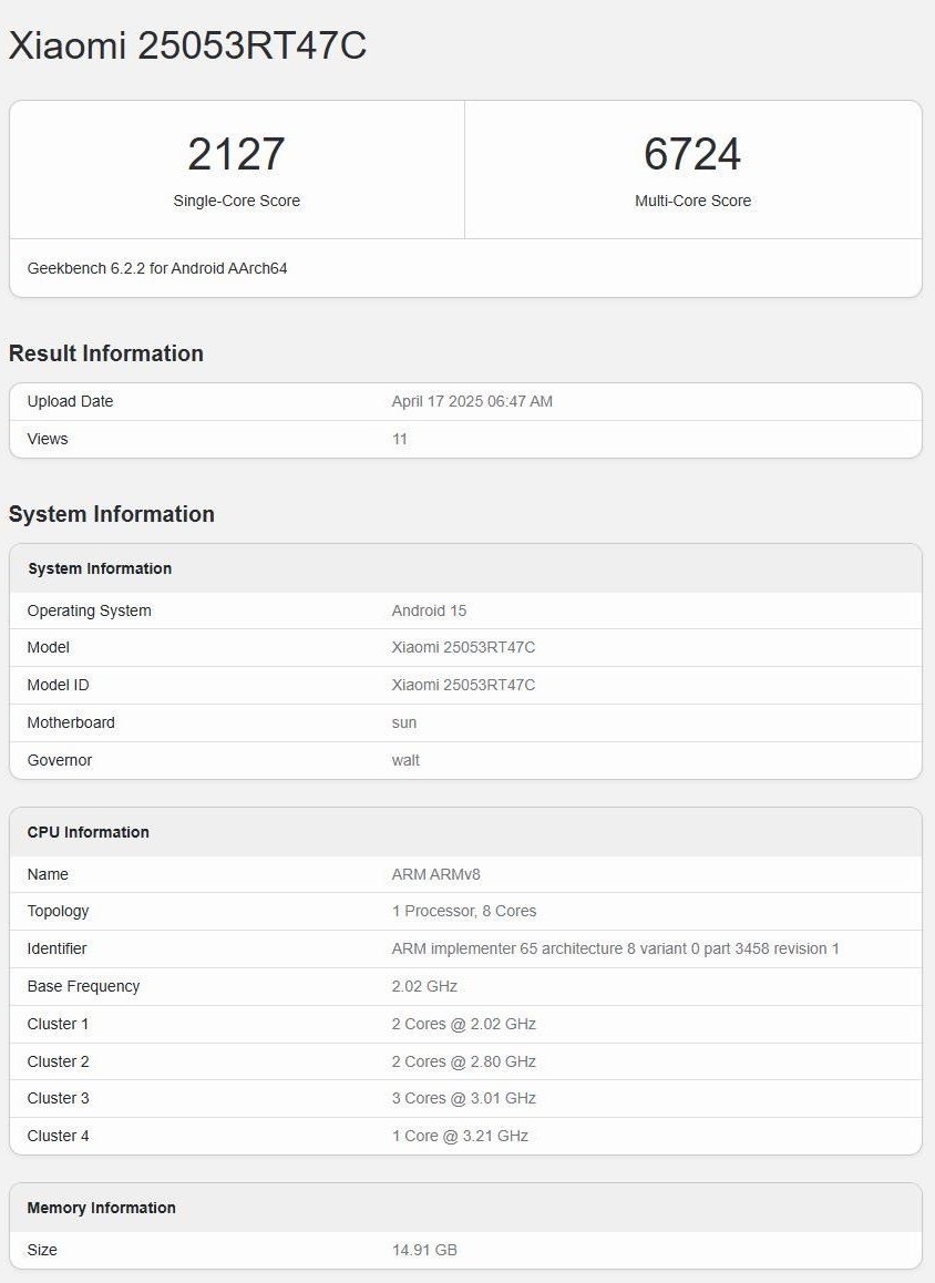 Testresultaten van de vermeende Redmi Turbo 4 Pro in Geekbench