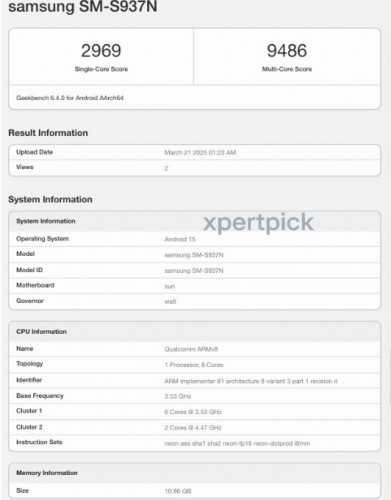 Galaxy S25 Edge op Geekbench. Afbeelding: xpertpick