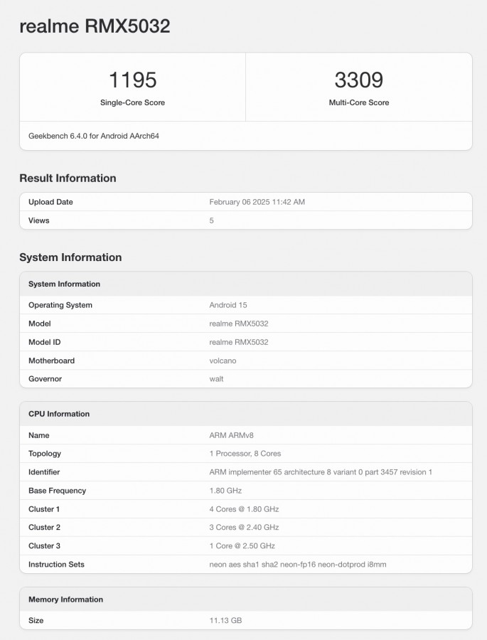 Geekbench resultaten Realme P3 Pro prestatietestresultaten op Geekbench