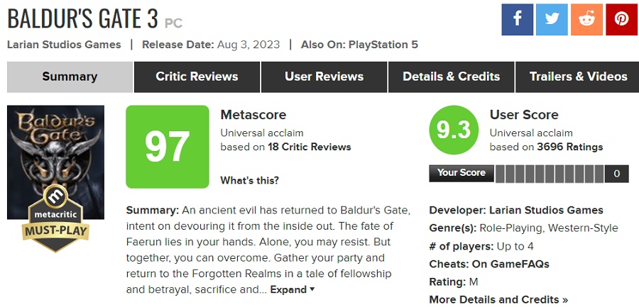 Baldur's Gate 3, een kolossaal succes voor Larian Studios, is de best beoordeelde game van 2023 geworden en behoort tot de beste projecten in de geschiedenis van Metacritic.-2 Baldur's Gate 3, een kolossaal succes voor Larian Studios, is de best beoordeelde game van 2023 geworden en behoort tot de beste projecten in de geschiedenis van Metacritic.-2