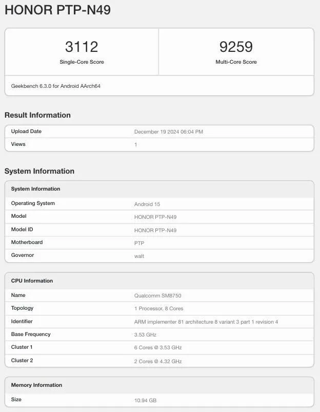 HONOR Magic7 Pro prestatietestresultaten. Bron: Geekbench